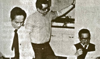 Raul Manglapus, Benigno “Ninoy” S. Aquino Jr, and Salvador Laurel, preparing Ninoy’s arrival statement.
