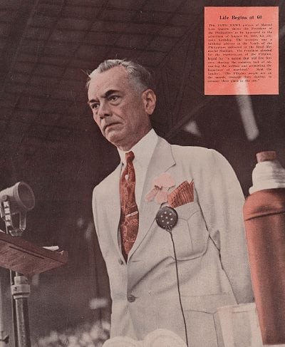 President Quezon on August 19, 1938, his sixtieth birthday, as he delivers an address at the Rizal Memorial Stadium.