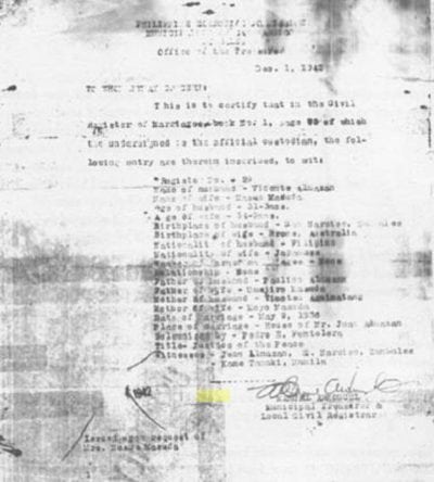 Masue Masuda-Almazan marriage certificate