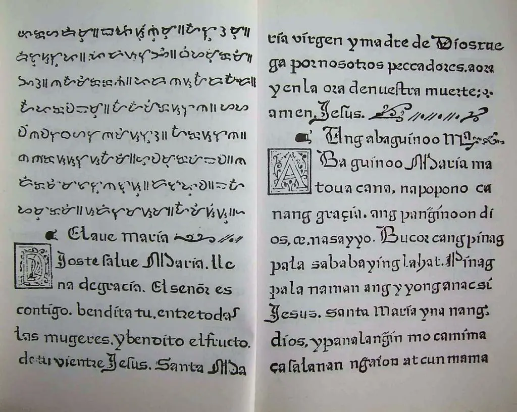 a page from Father Plasencia's Doctrina Christiana en lengua Española y Tagala showing the baybayin