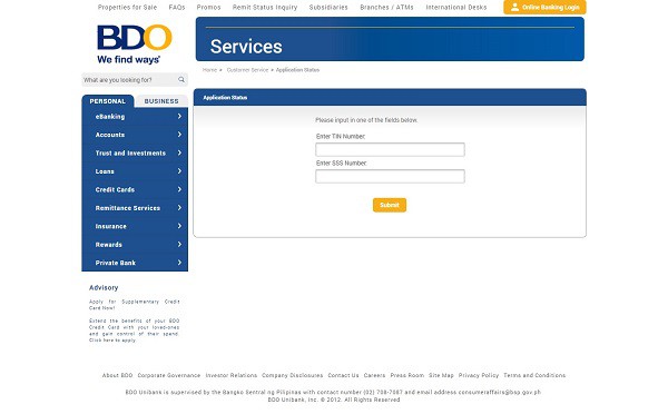 bdo credit card online application status