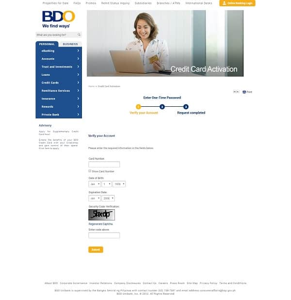 how to activate bdo credit card online