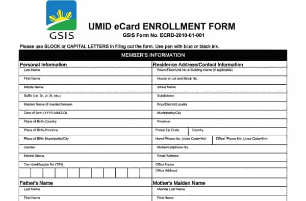 Gsis Umid Ecard Enrollment Form