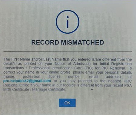 record mismatched prc initial registration