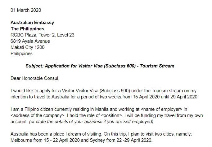 sample cover letter for tourist visa application australia from philippines 1