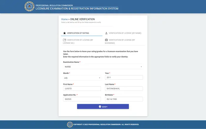 prc verification of rating form