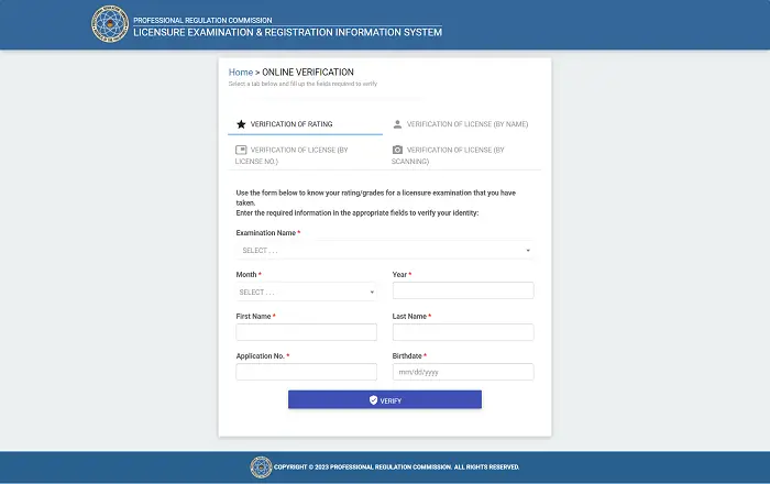 prc verification of rating online