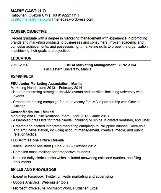 Resume Sample for Fresh Graduate in the Philippines