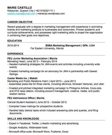 resume sample for fresh graduate