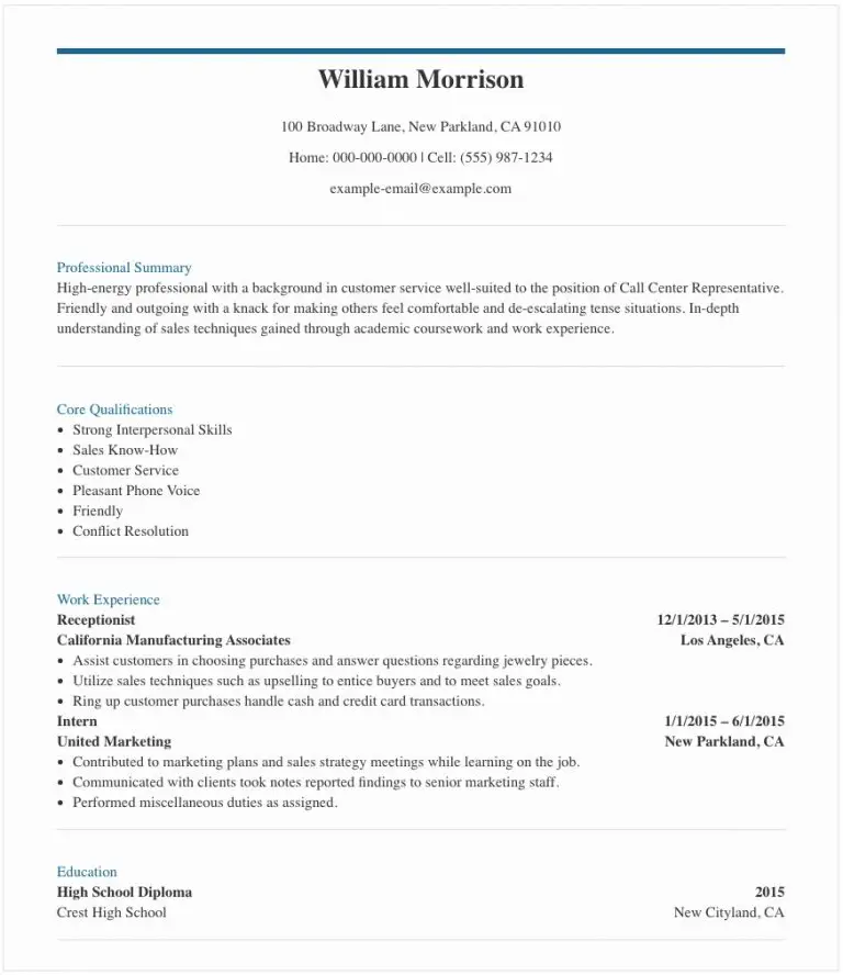 cv sample for call center jobs