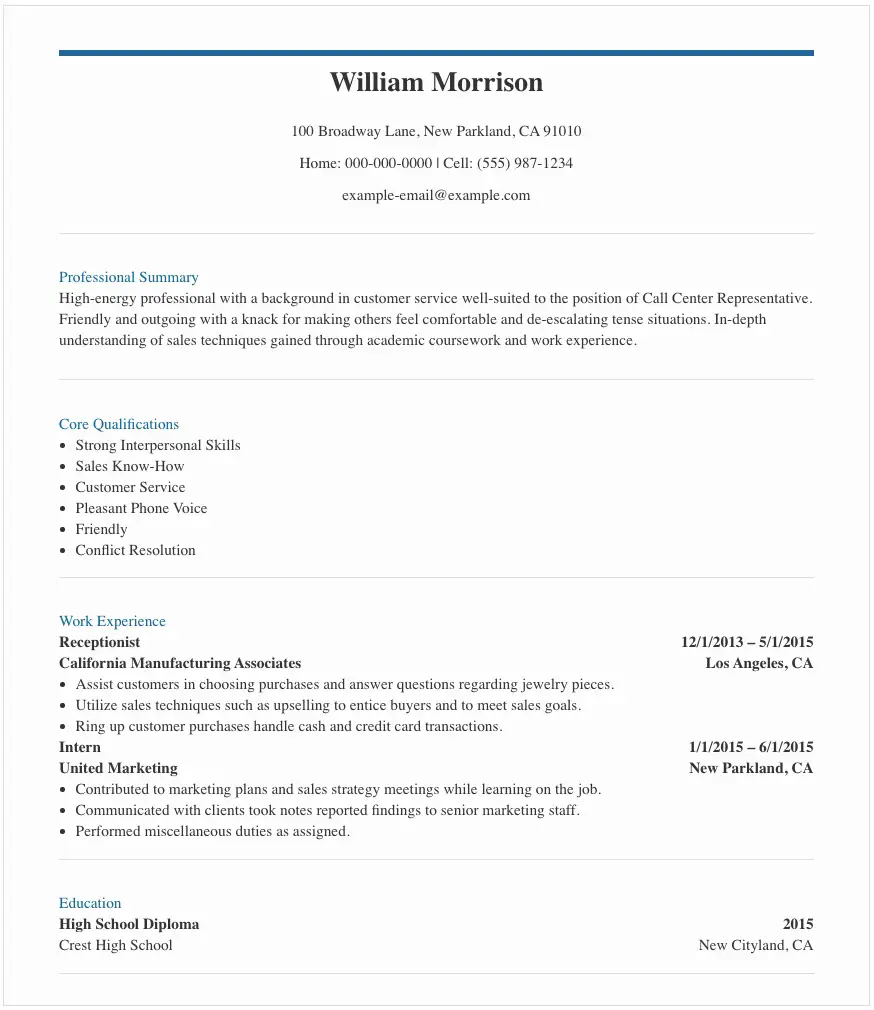 cv sample for call center jobs