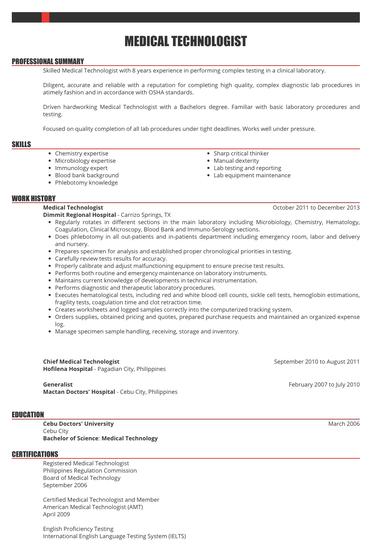 medical technologist resume examples