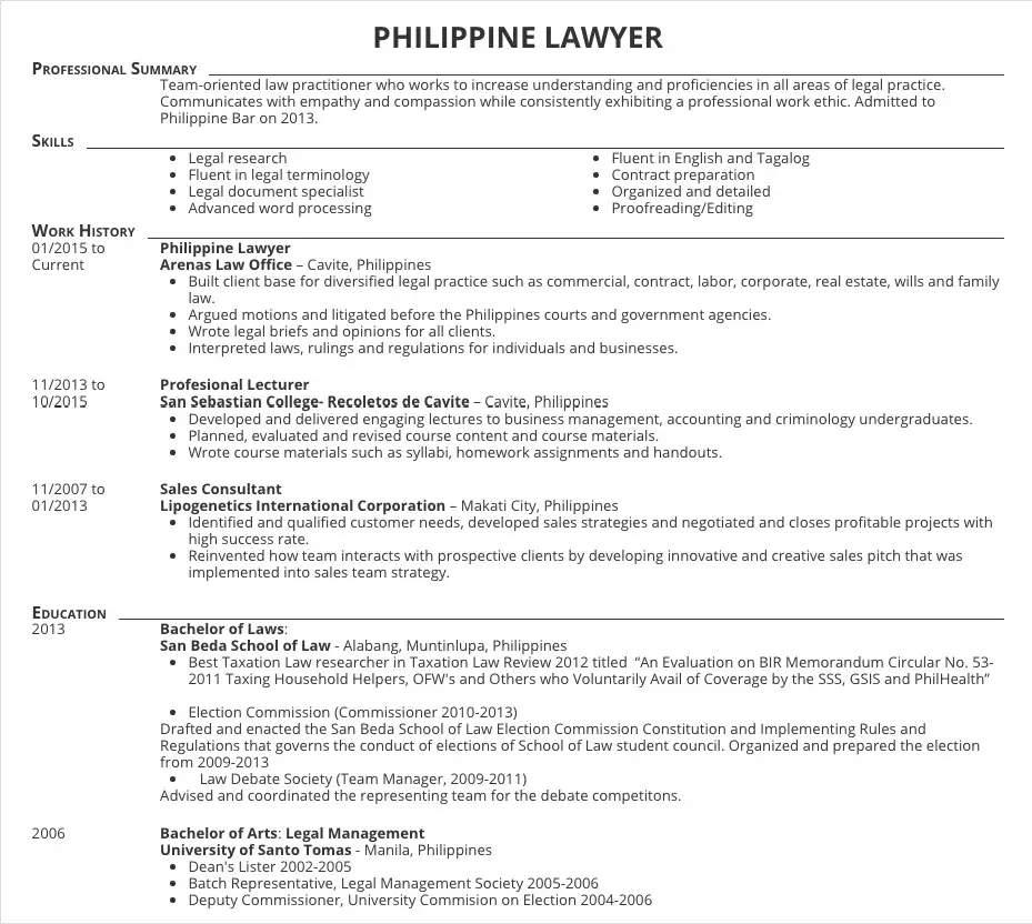 Resume Samples For Lawyers In The Philippines