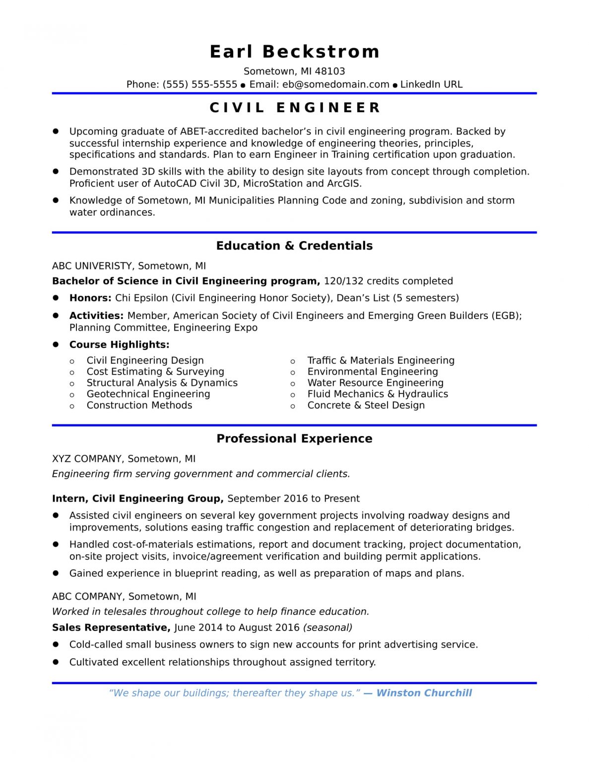 Civil Engineer Resume Profile