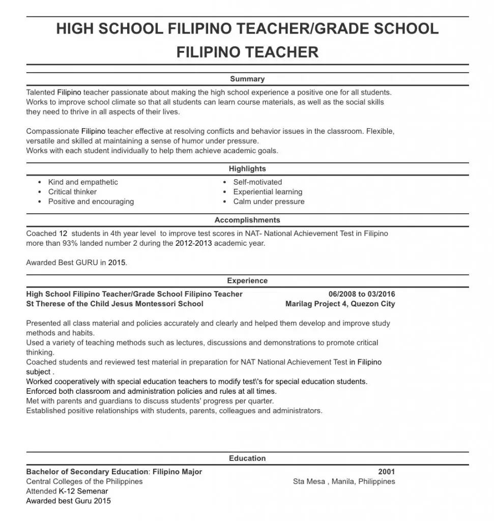 sample resume for teachers in the philippines pdf