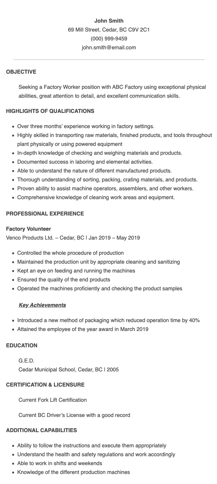 Resume Samples for Factory Worker Applicant in the Philippines