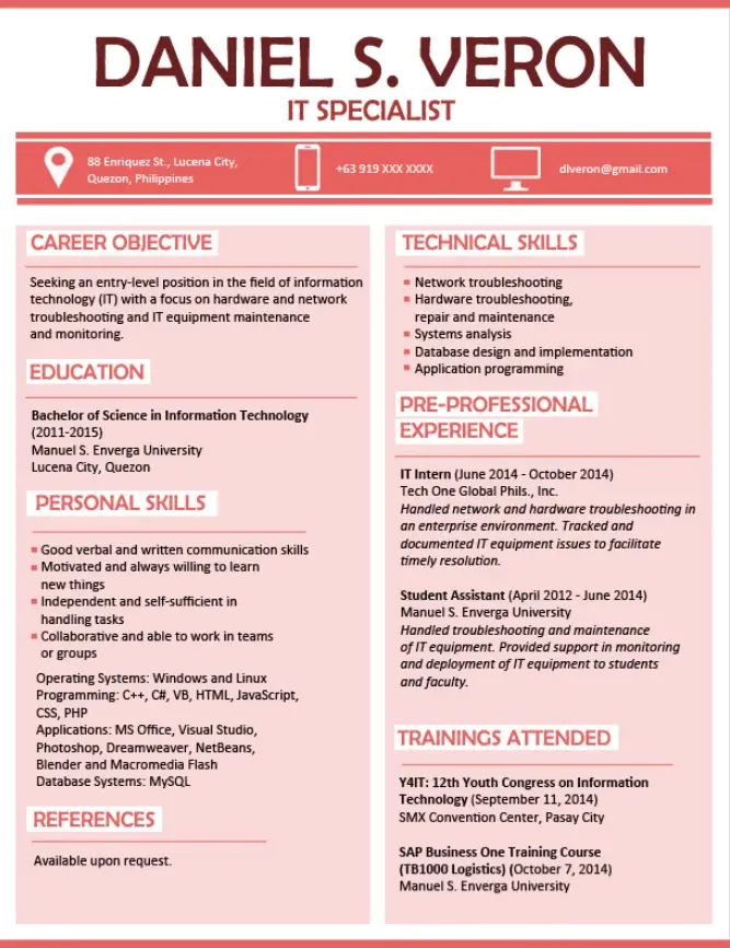 Resume Sample For Fresh Graduate In The Philippines