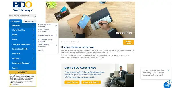 bdo savings account online application