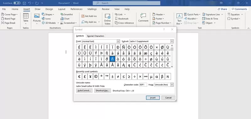 how to type enye in microsoft word