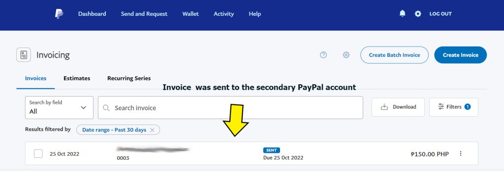 Secondary Paypal Account's Invoicing tab