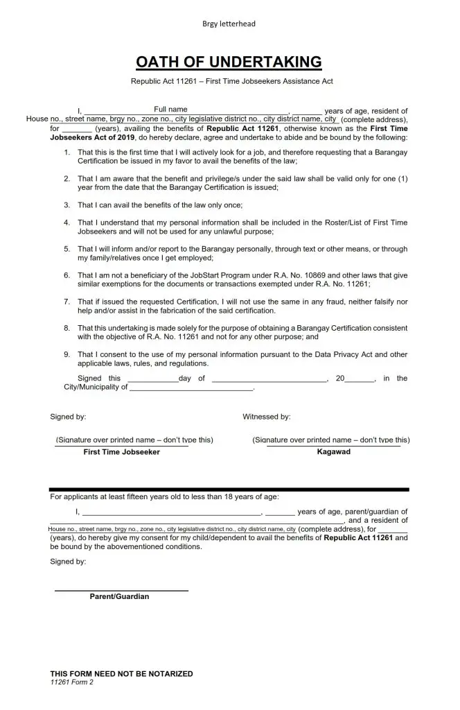 oath of undertaking format for first time jobseeker nbi clearance application