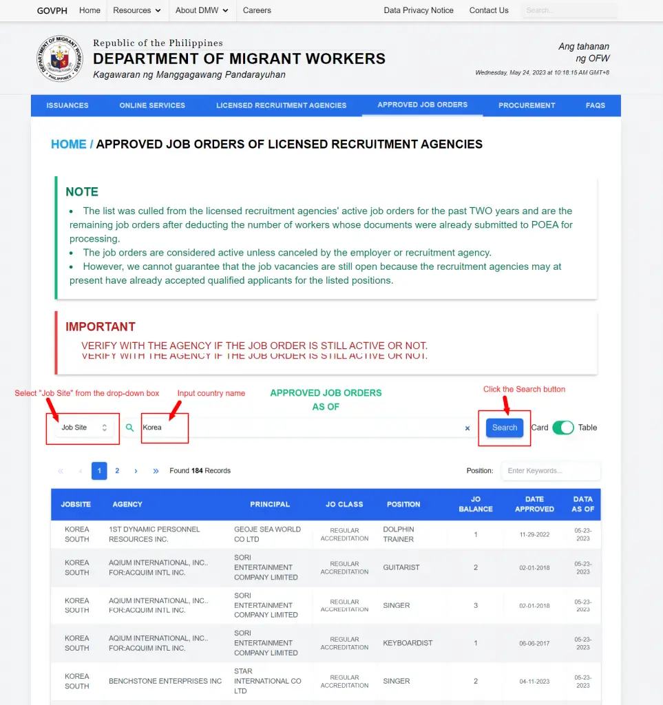 how to search for south korea job orders in the new dmw job orders database