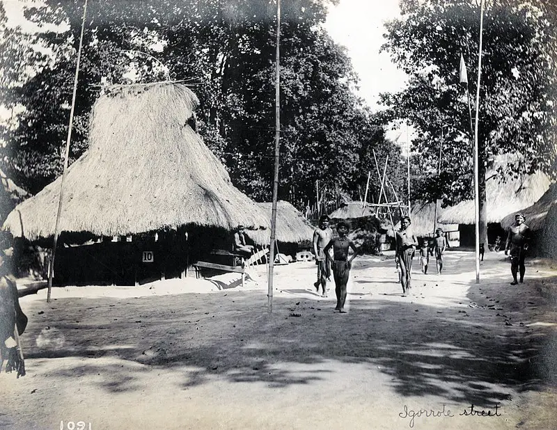 An Igorot Village recreated in the expansive grounds of the Philippine reservation, at the 1904 St. Louis World’s Fair