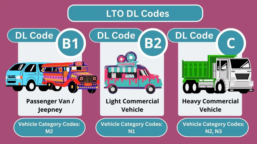 lto drivers license codes B1 to C and their vehicle category codes