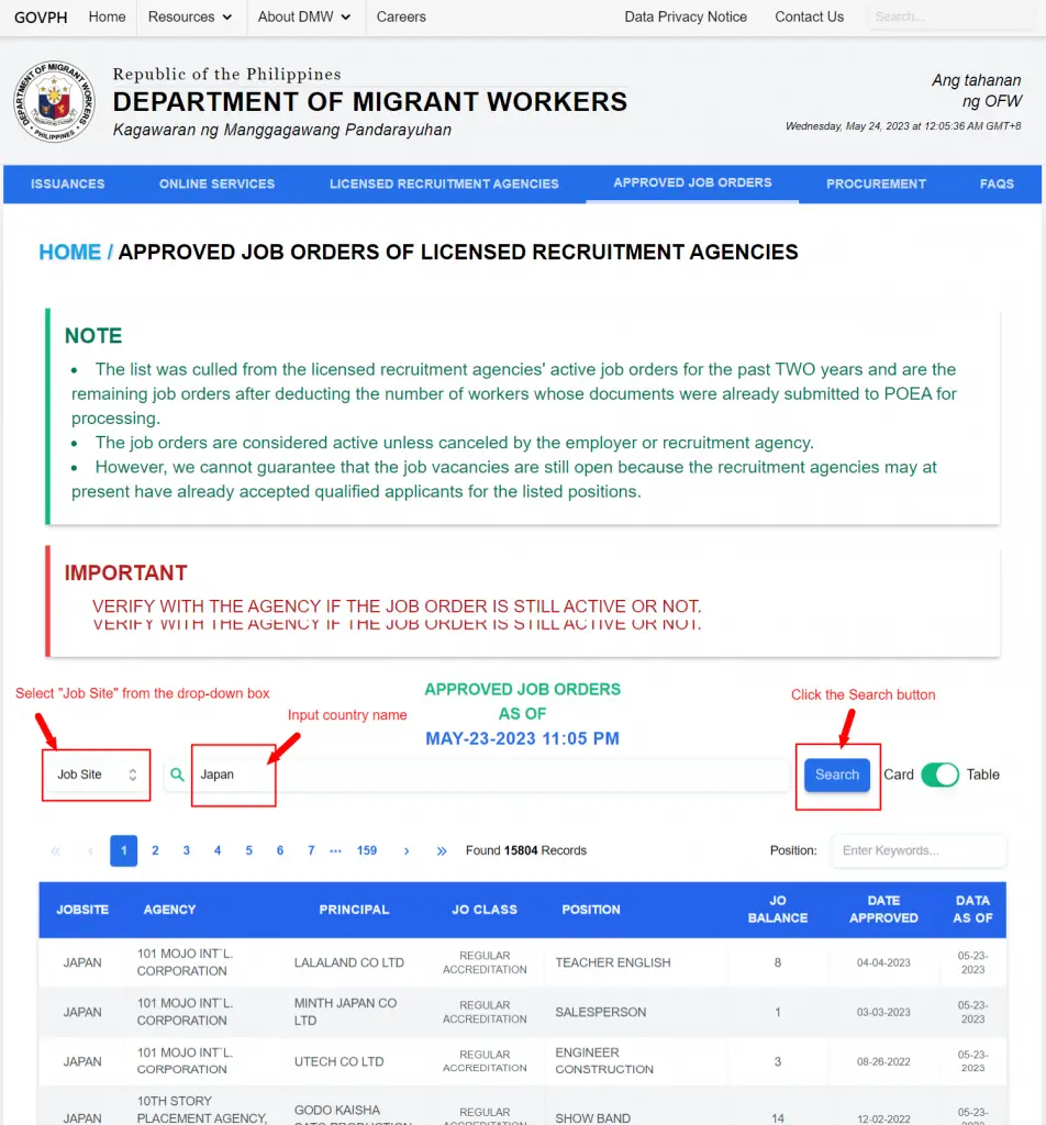 how to search for japan job orders in the new dmw job orders database