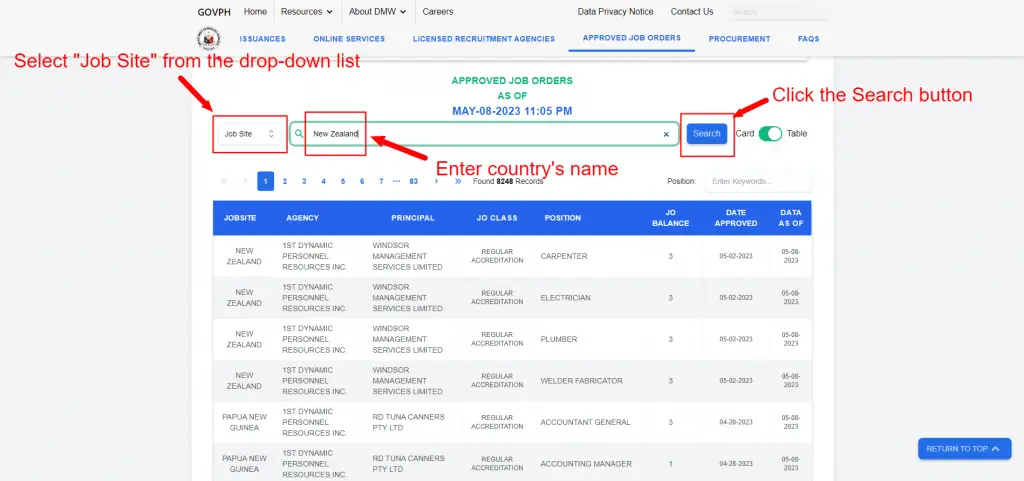 how to search for new zealand jobs in dmw job order database