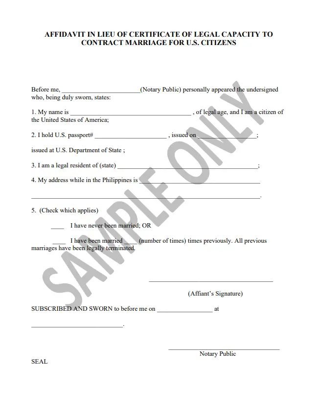 Sample of Affidavit In Lieu of Certificate of Legal Capacity to Contract Marriage for US Citizens
