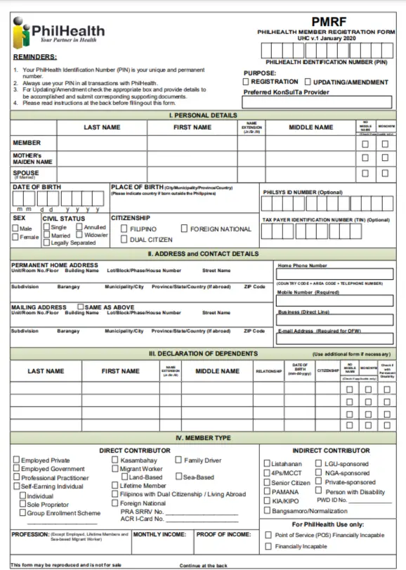 philhealth member registration form for updating of philhealth information online
