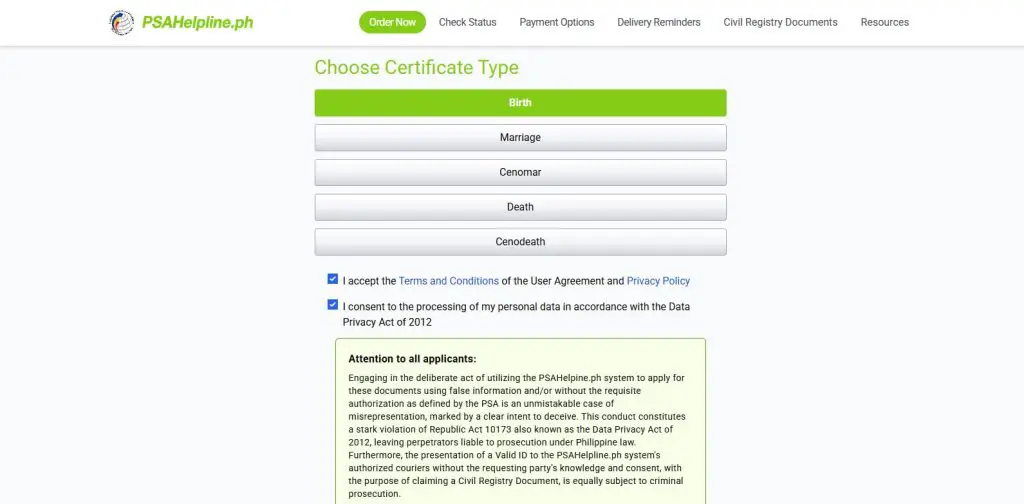 step 2 select the certificate type How To Request Documents From The PSAHelpline? (Updated 2025 Guide)